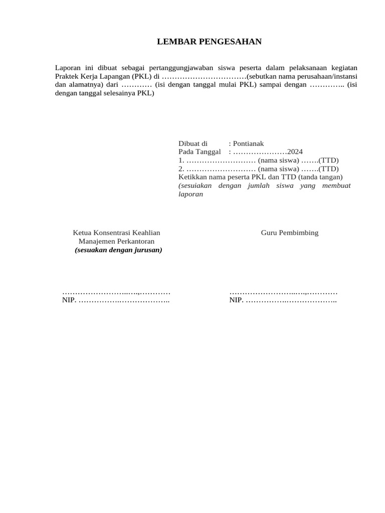 template lembar pengesahan PKL PDF