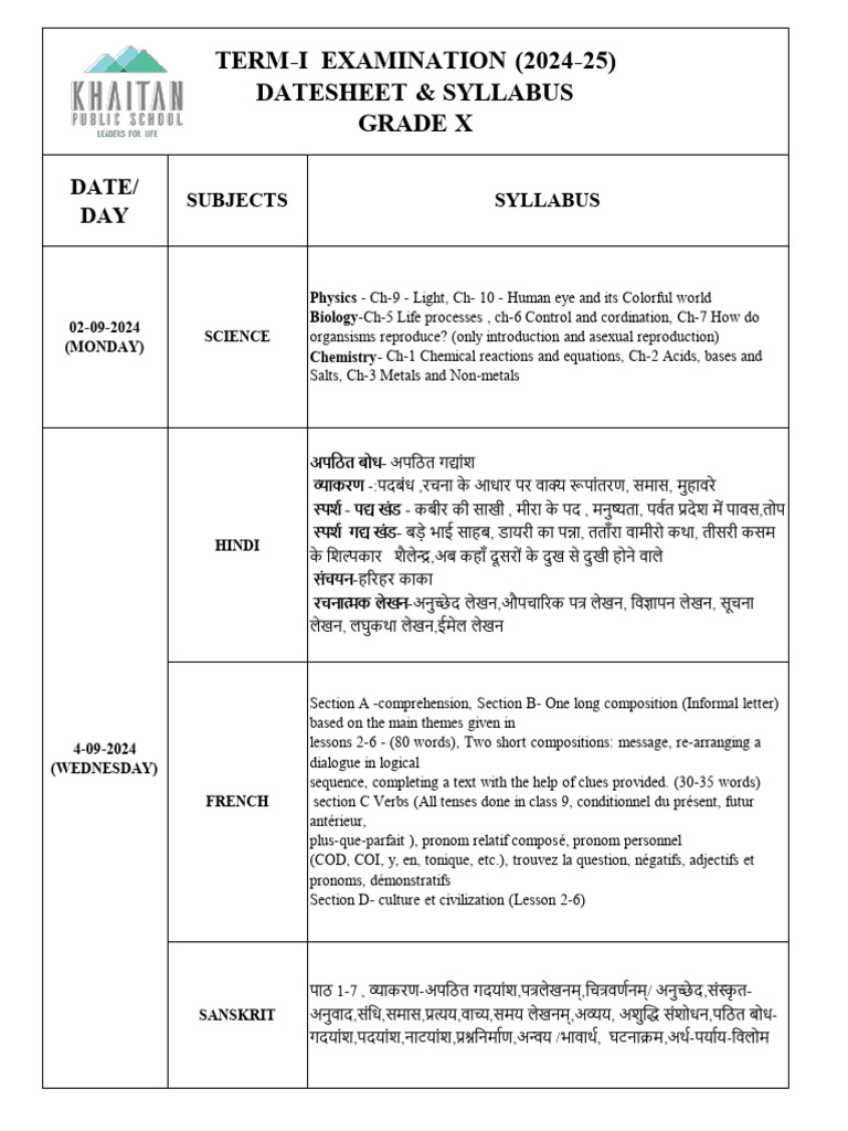 Grade X Term-I Exam Datesheet 2024-25 | PDF
