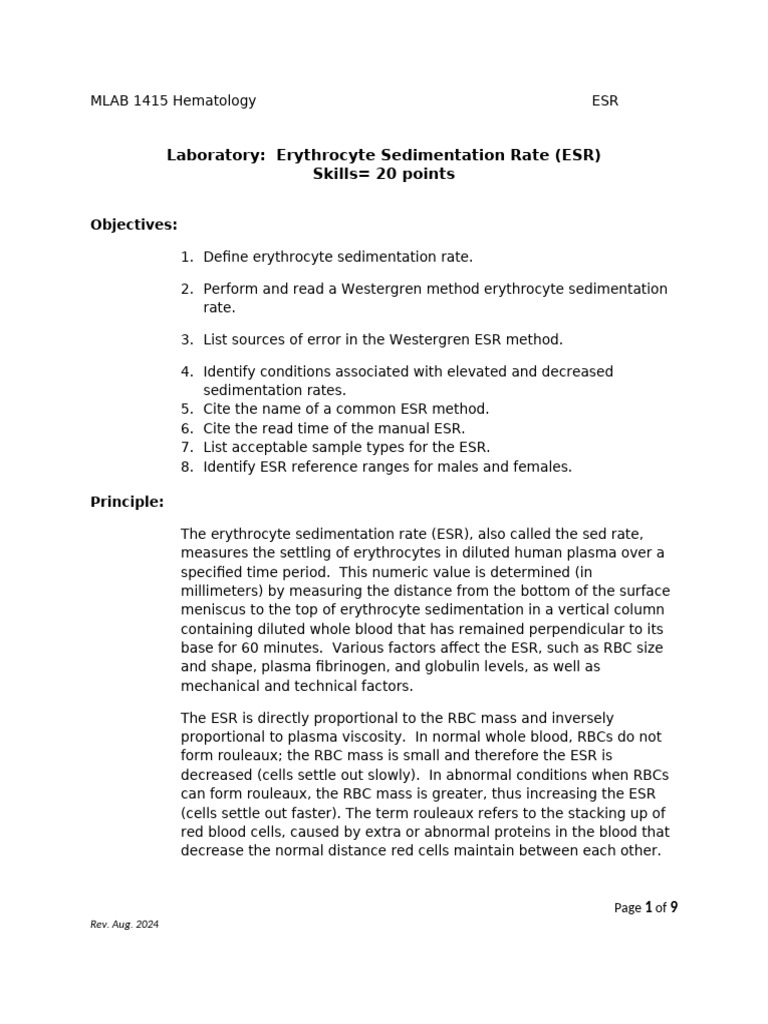 ESR Procedure and Guidelines Manual | PDF | Hematology | Blood