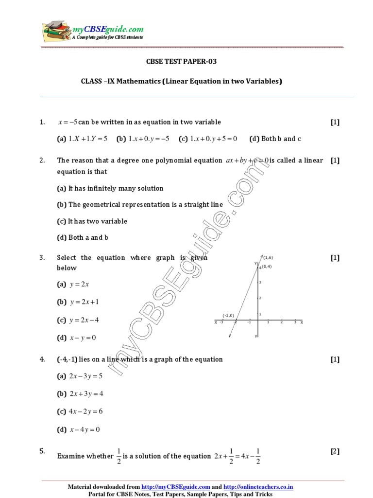 CBSE Class 9 Math Linear Equations Test | PDF