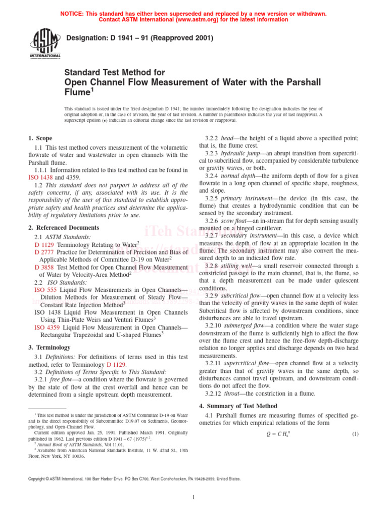 ASTM D1941: Parshall Flume Flow Measurement | PDF | Flow Measurement ...