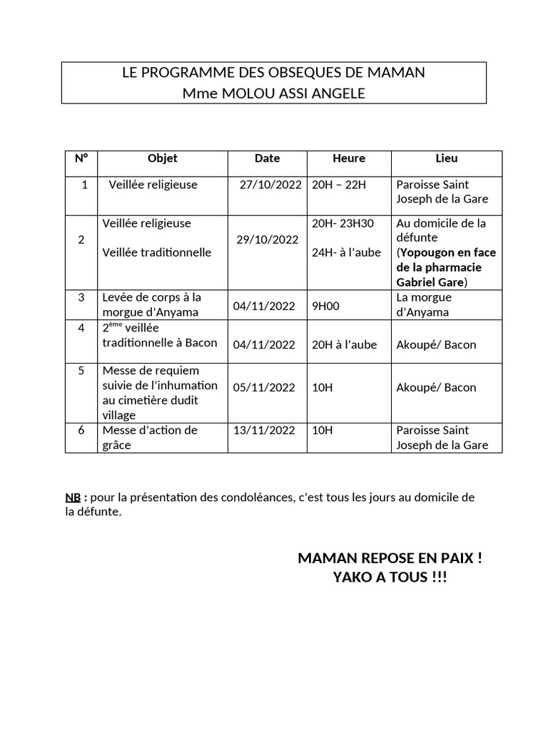 Programme des Obsèques de Mme Molou Angele | PDF