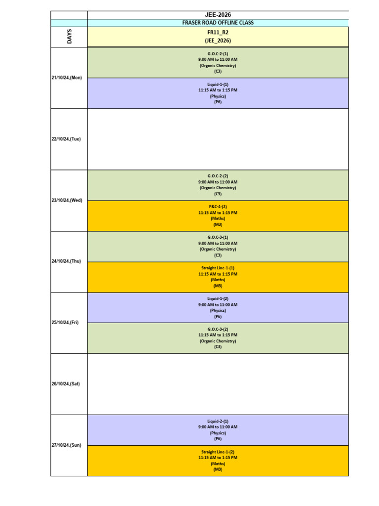 JEE 2026 Class Schedule: Oct 21-27 | PDF