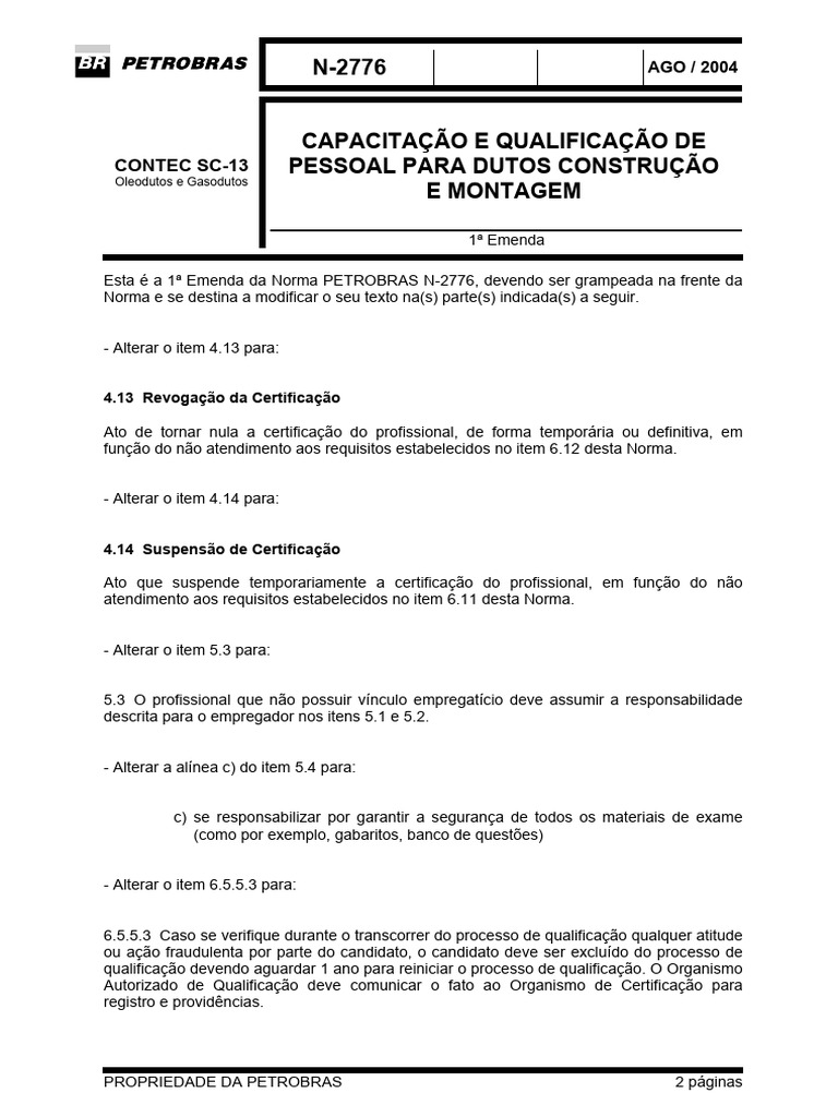 Emenda à Norma N-2776 da Petrobras | PDF