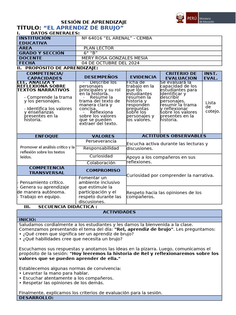 Sesión Plan Lector | PDF | Evaluación | Modificación de comportamiento