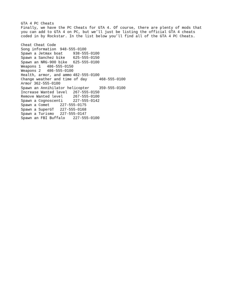 GTA 4 PC Cheat Codes List | PDF | Computers