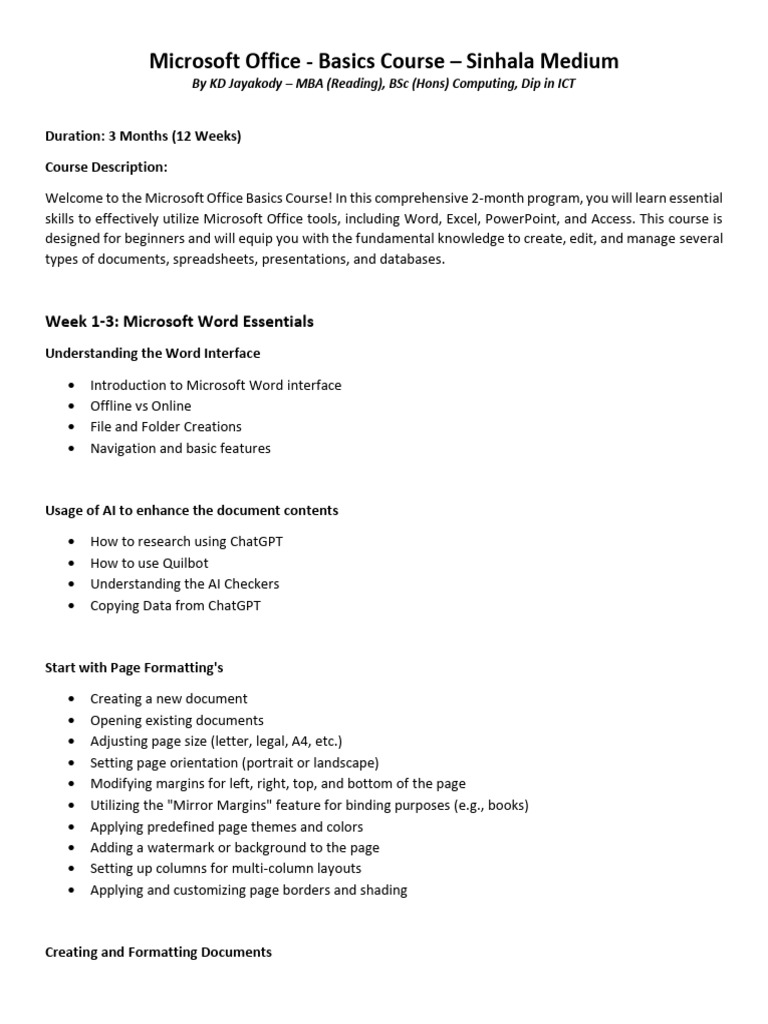 Microsoft Office Basics Course in Sinhala | PDF | Microsoft Excel ...