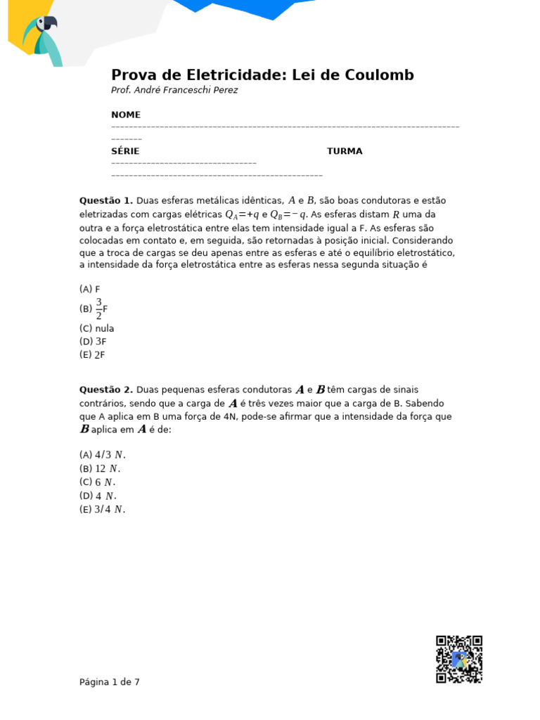 Lei de Coulomb: Questões e Respostas | PDF | Eletrostática | Carga elétrica