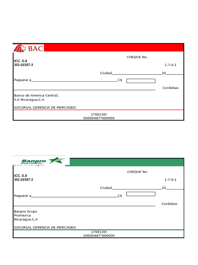 Formato de Cheque Bac Nicaragua | PDF