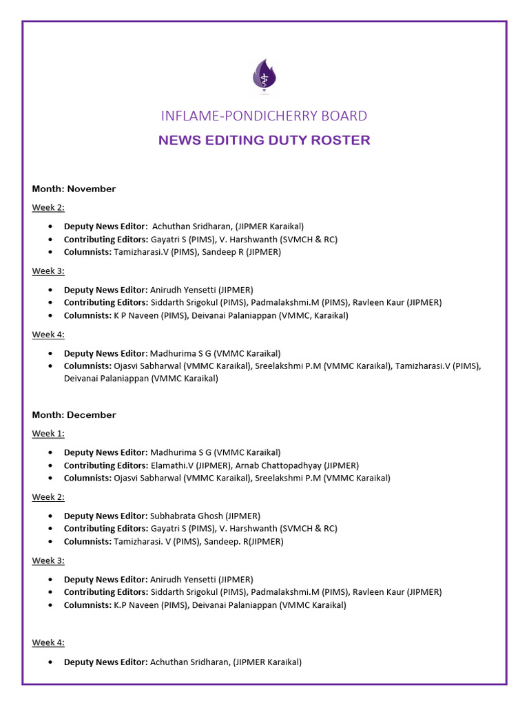 News Editing Duty Roster | PDF | Sports & Recreation | Travel