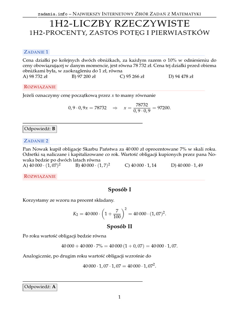 1h2-Procenty, Procent Składany, Zastos Potęg I Pierwiastków - Rozw | PDF