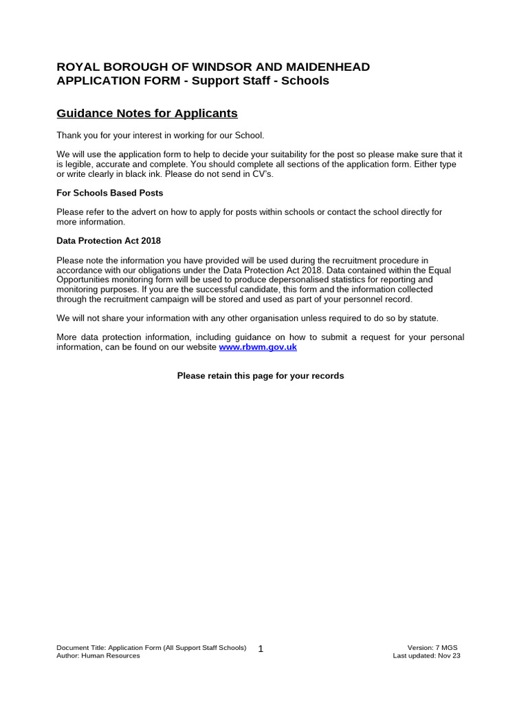 Application Form (All Support Staff Schools) MGS 2023 | PDF