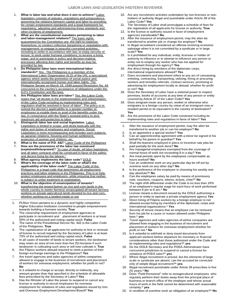 Philippine Labor Laws Midterm Guide | PDF | Labour Law | Employment