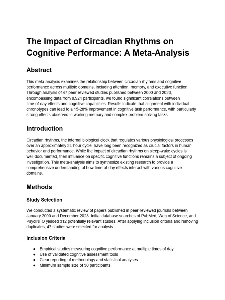The Impact of Circadian Rhythms On Cognitive Performance - A Meta ...