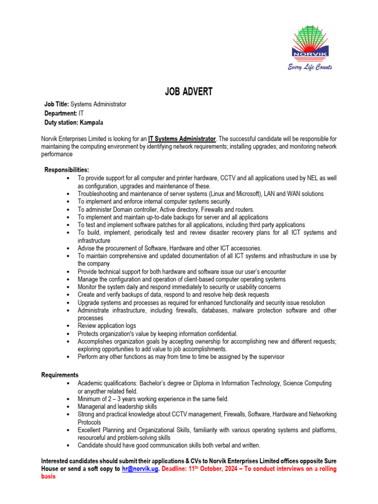 IT Systems Administrator - Advert 2024 | PDF | Computer Network | Security