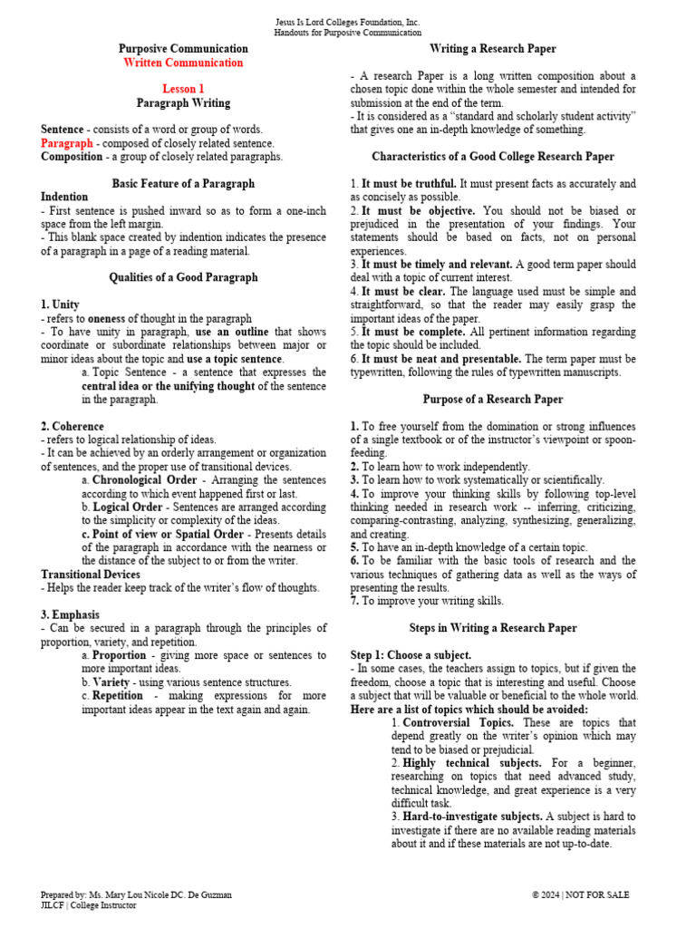 Purposive Communication: Paragraph Writing Guide | PDF | Paragraph ...