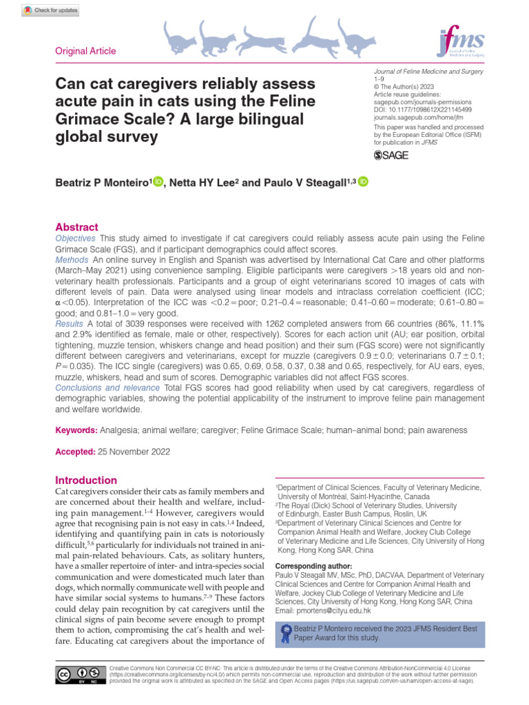 Fresh Look at Monteiro Et Al 2023 Can Cat Caregivers Reliably Assess Acute