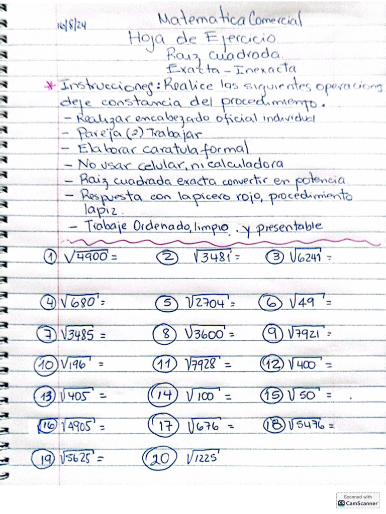 Hoja De Trabajo Raíz Cuadrada Pdf