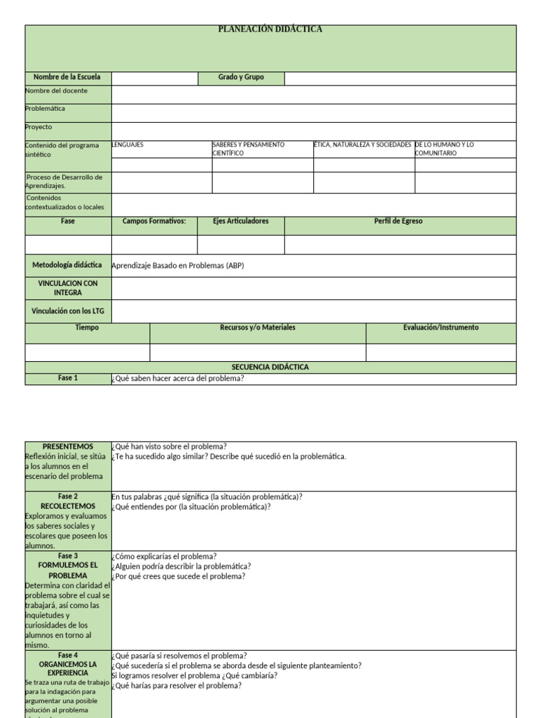 Formato Planeacion Aprendizaje Basado en Problemas (Abp) | PDF ...