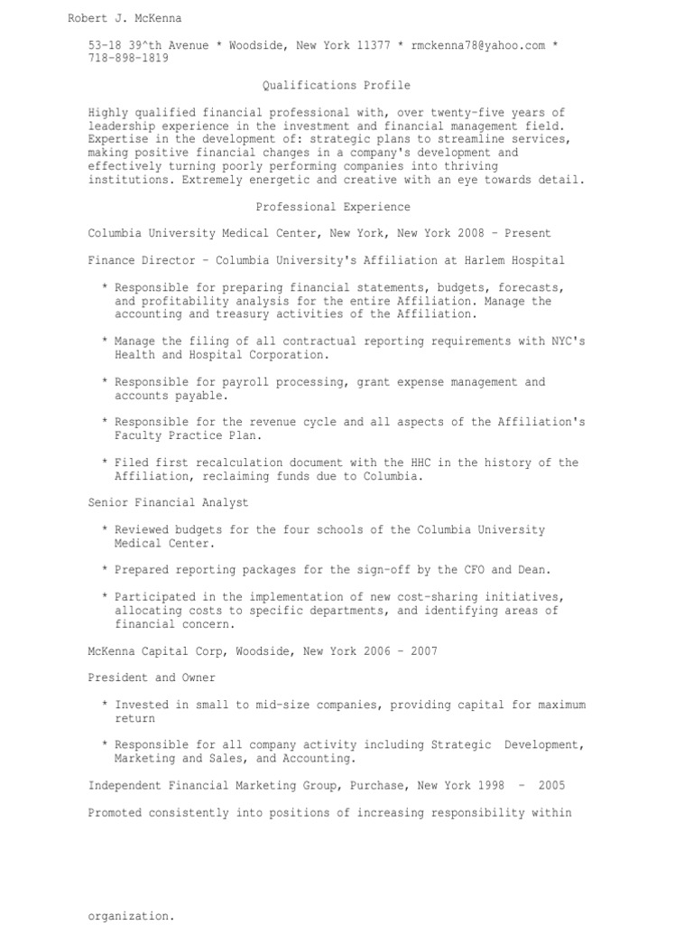 Chief Financial Officer or Finance Director or VP Finance Chief