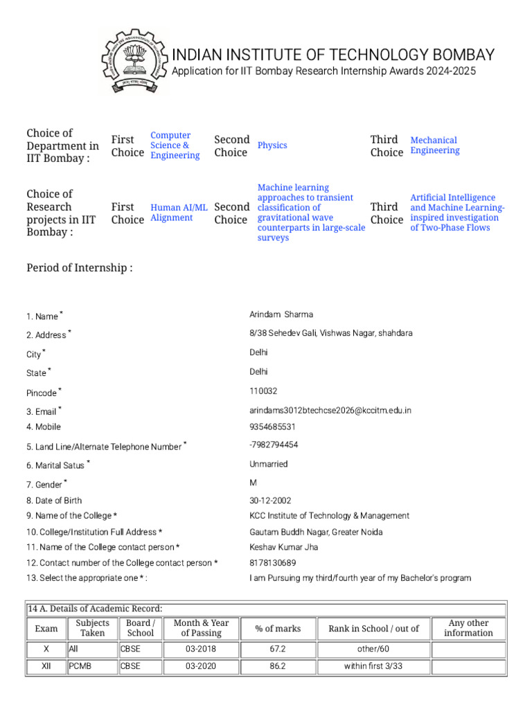 IIT Bombay Research Internship Application | PDF | Artificial ...
