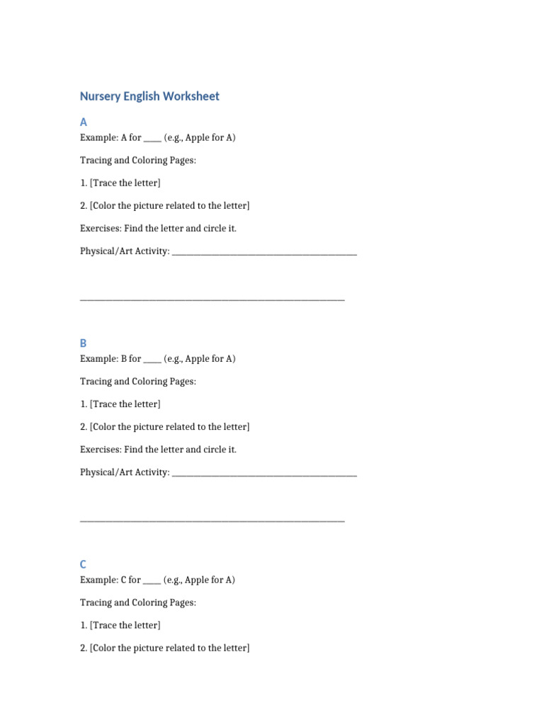 Nursery English Worksheet Pdf