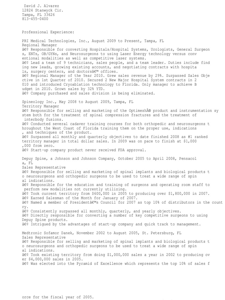 Sales Rep. / Sales Manager PDF Interventional Radiology Neurosurgery