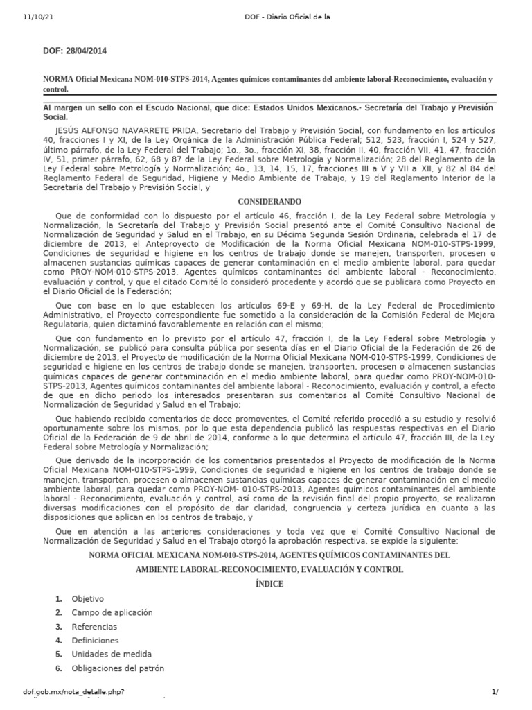 Nom 010 STPS 2014 | PDF | Contaminación | Mole (Unidad)