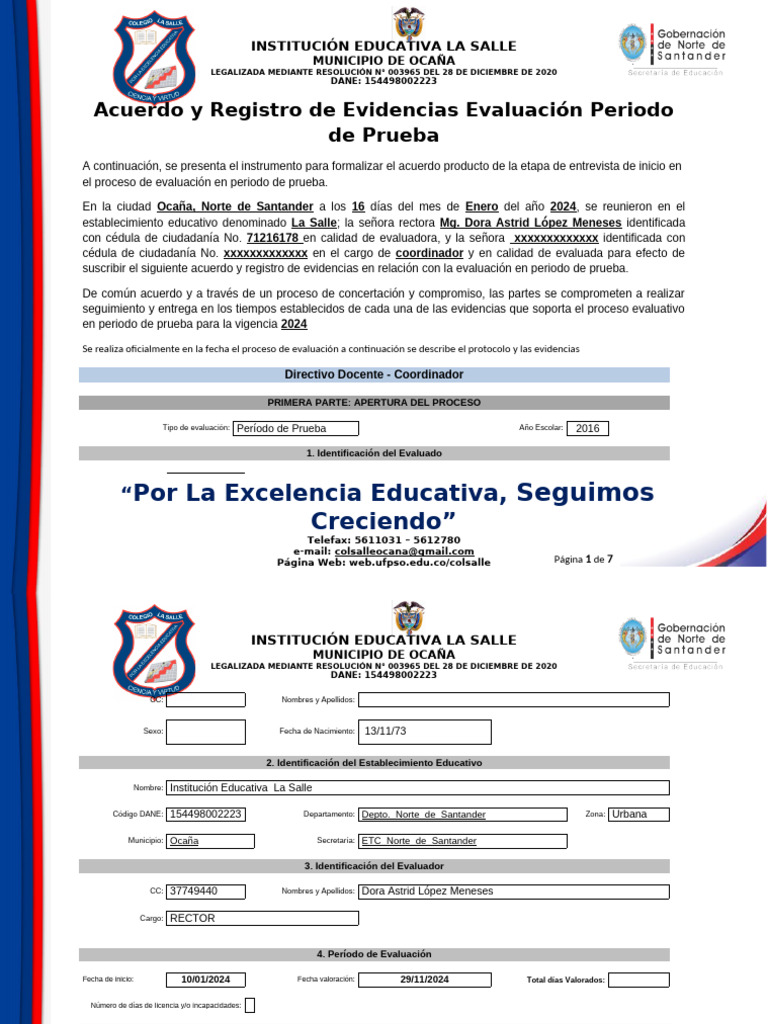 Acuerdo y Registro de Evidencias Evaluación Periodo de Prueba 2024 ...