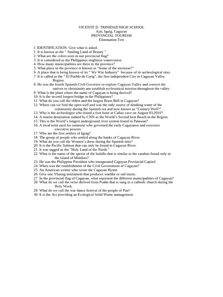 Cagayan Provincial Tourism Quiz Guide | PDF | Social Science | Travel