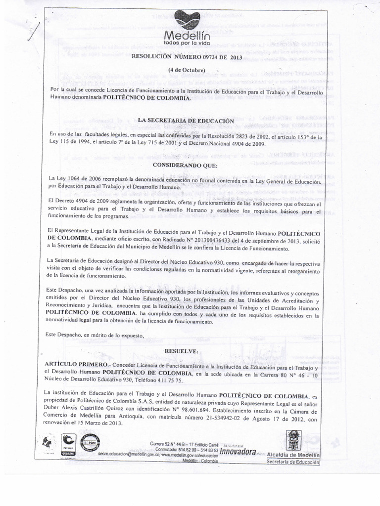 Resolucion 09734 Licencia de Funcionamiento | PDF | Negocios