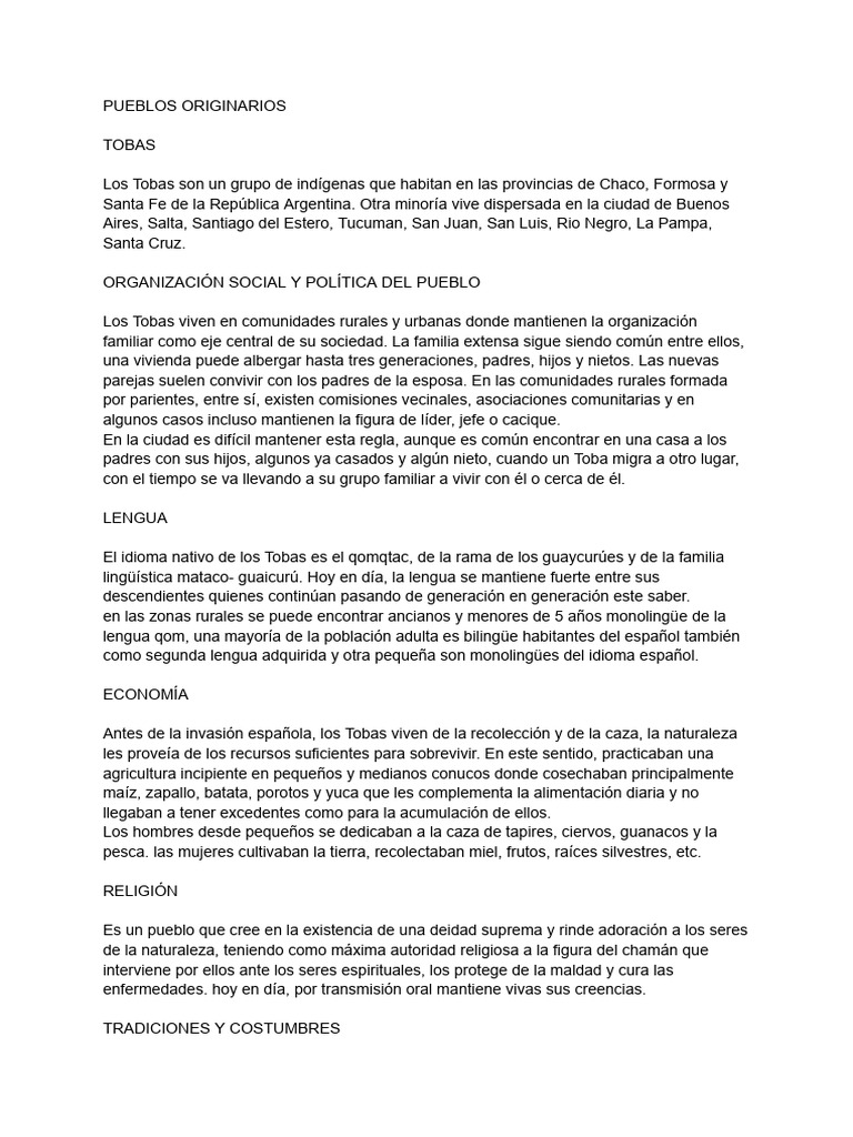 Cultura y Vida de los Pueblos Tobas y Wichis | PDF | Pueblos Indígenas ...