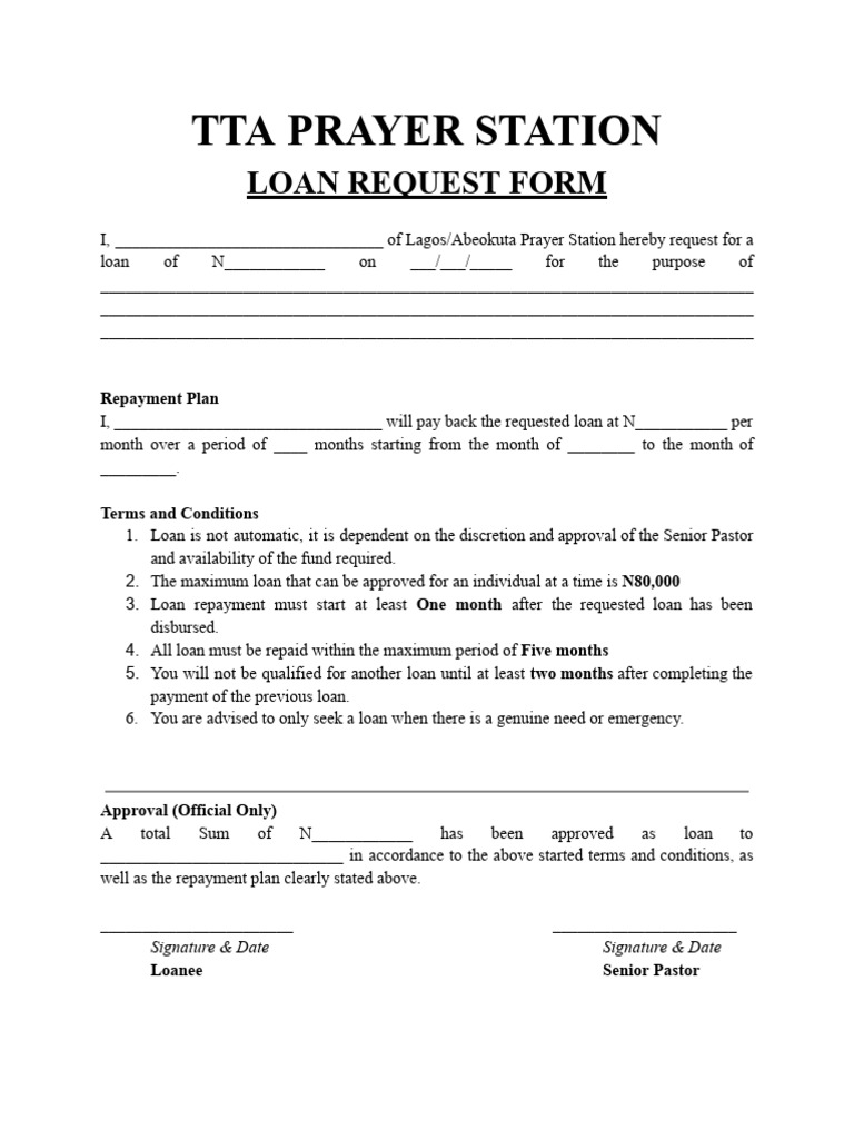 TTA Prayer Station Loan Request Form | PDF | Business | Finance & Money ...