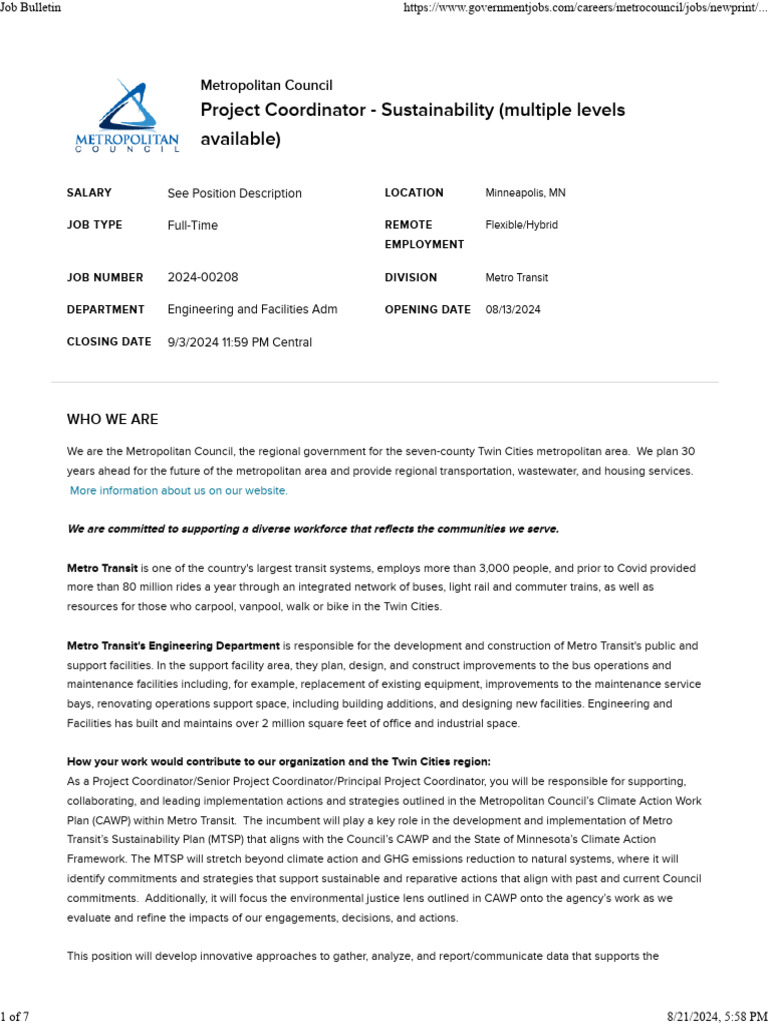 MetCo Sustainability Program Coordinator Job Bulletin Job Posting | PDF ...