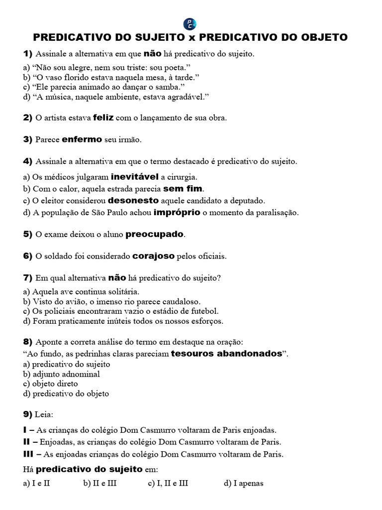 Predicativos: Sujeito e Objeto em Exercícios | PDF | Esportes e ...