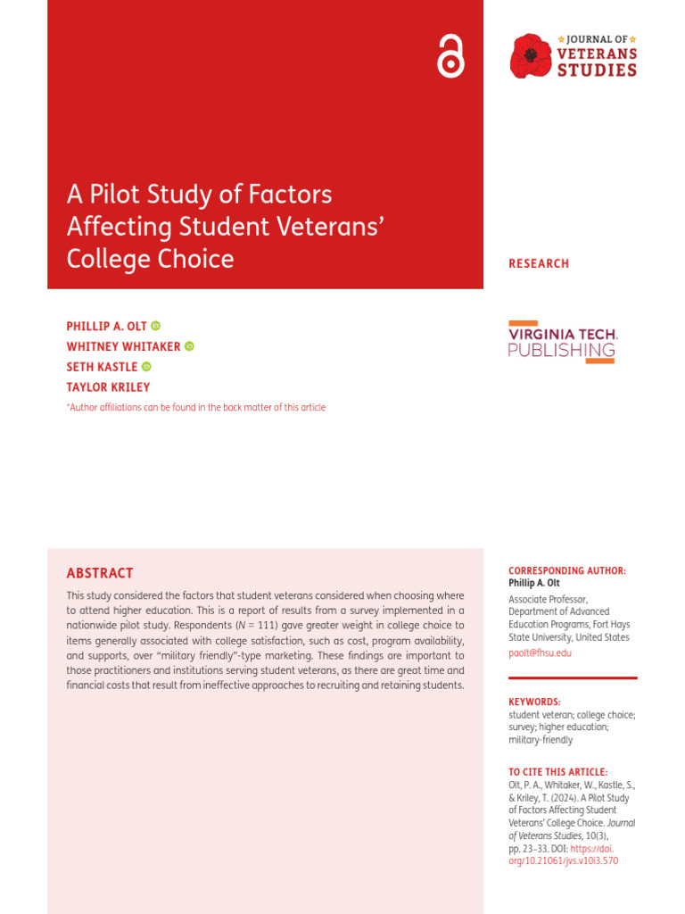 A pilot study of factors affecting student veterans college choice