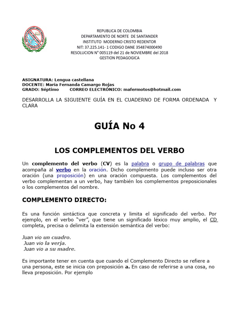 Guía No 4: Los Complementos Del Verbo | PDF | Verbo | Oración (Lingüística)