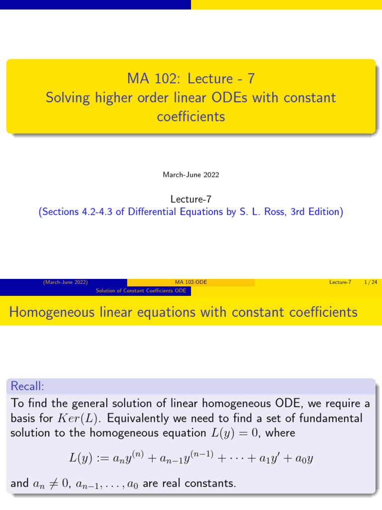 MA 102 (March-June 2022) - Lec-7 | PDF | Ordinary Differential Equation ...