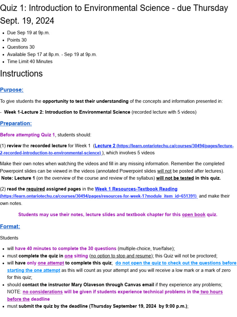 Quiz 1 - Introduction To Environmental Science - Due Thursday Sept. 19 ...