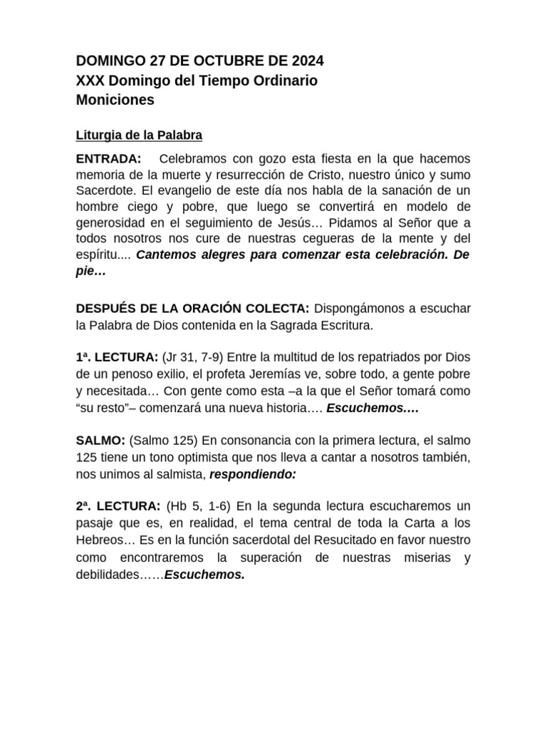 Moniciones Domingo 27 de Octubre de 2024 | PDF | eucaristía | La ...