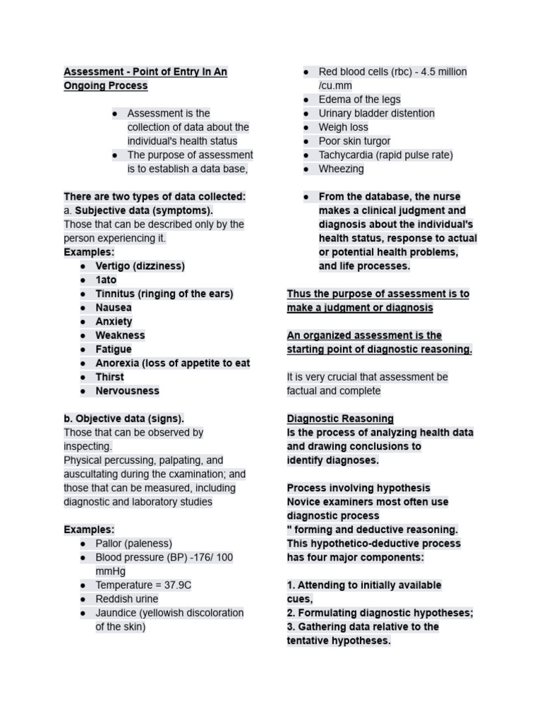 Health Assessment Notes 1 | PDF | Medical Diagnosis | Preventive Healthcare