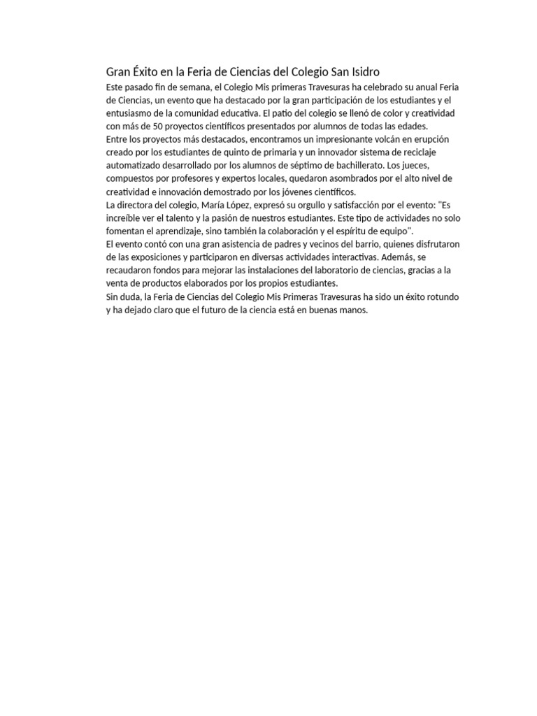 Gran Éxito en La Feria de Ciencias Del Colegio San Isidro | PDF