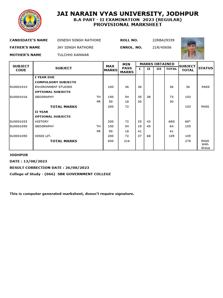 B.A Part II Marksheet 2023 - JNVU Jodhpur | PDF