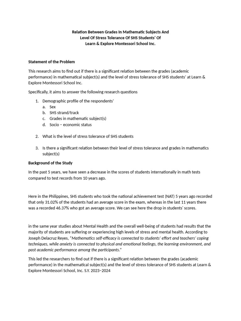 Math Grades & Stress in SHS Students | PDF | Career & Growth | Wellness