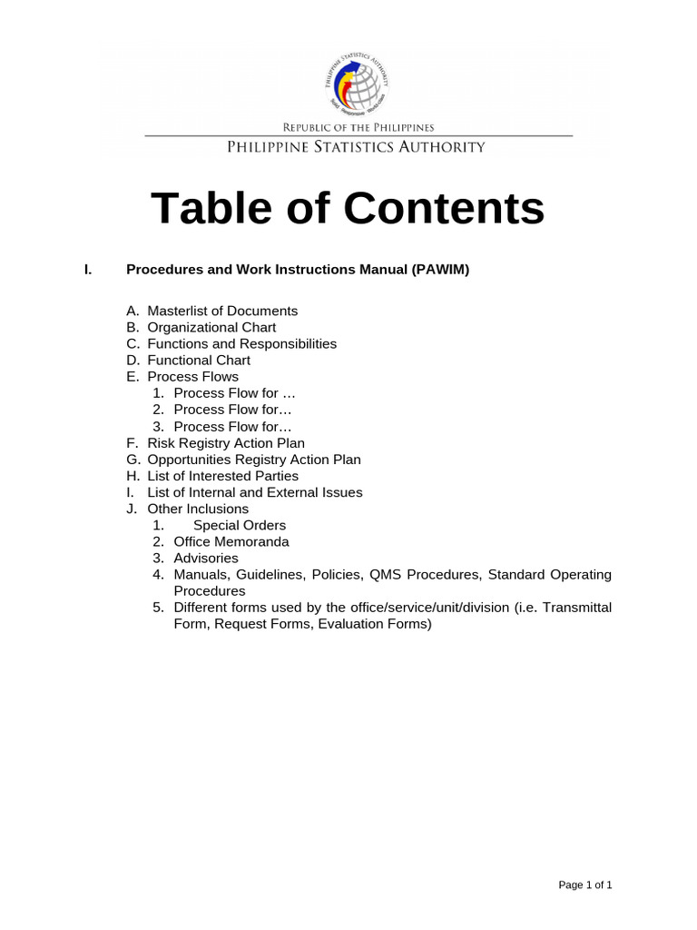 C template for table of contents pdf