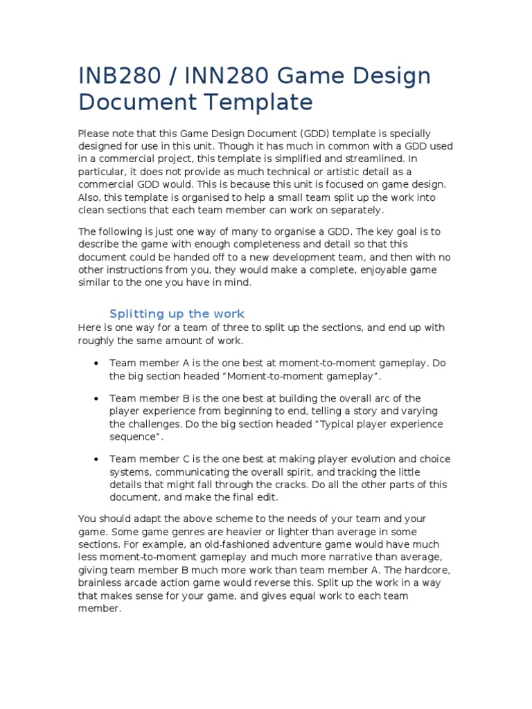 INB280 Game Design Document Template | PDF | Graphical User Interfaces ...