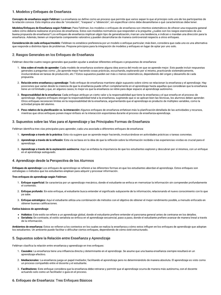 Modelos y Enfoques de Enseñanza según Feldman | PDF | Aprendizaje ...