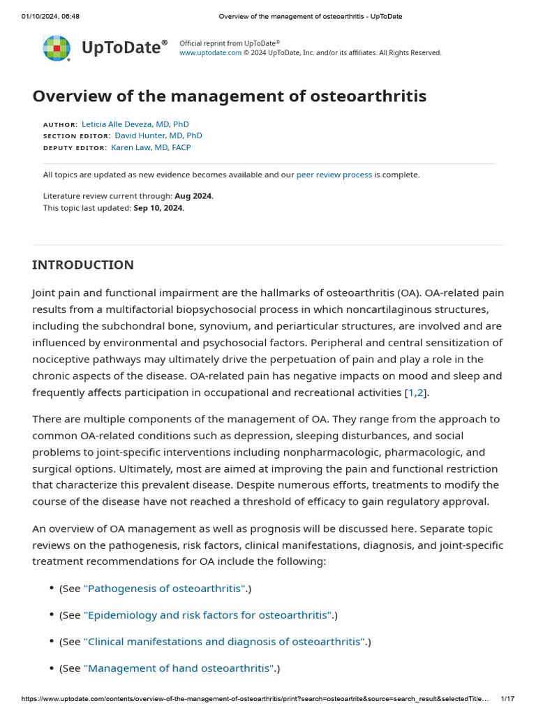 Overview of The Management of Osteoarthritis - UpToDate | PDF ...