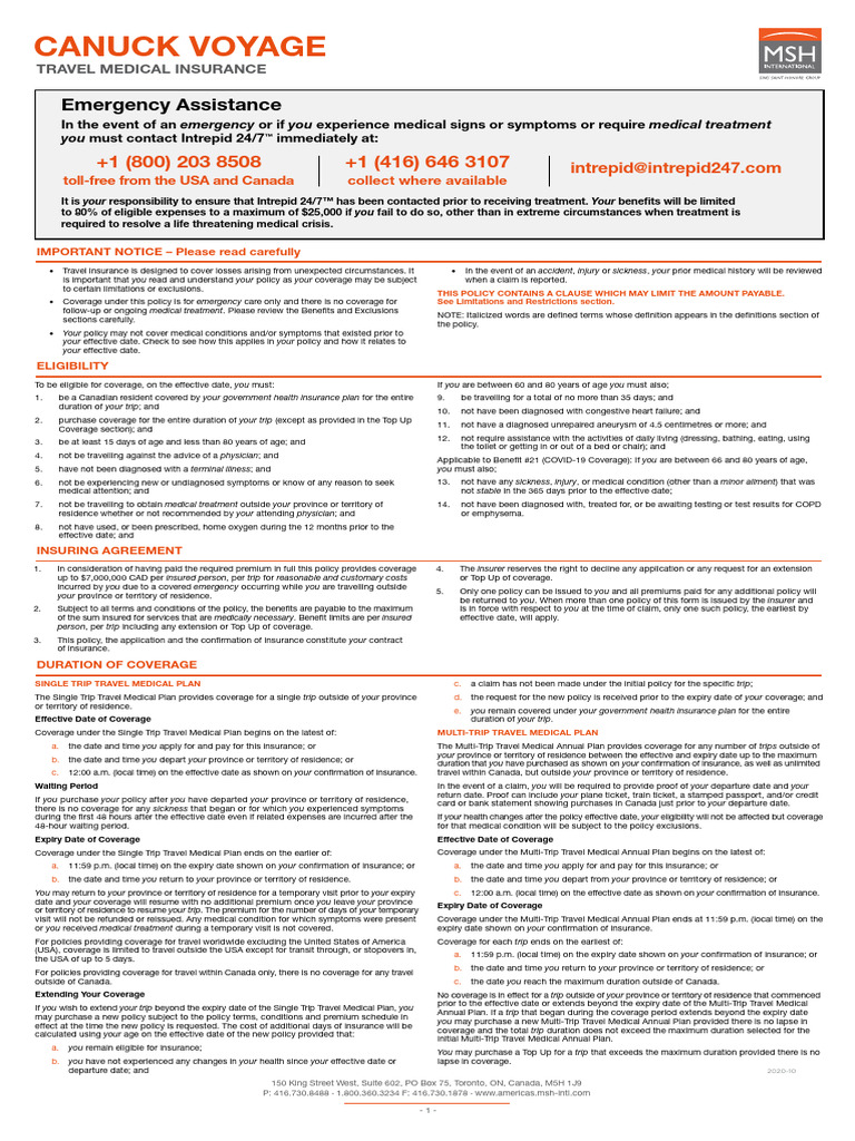 RIMI Canuck Voyage Travel Medical Insurance Policy | PDF | Insurance ...