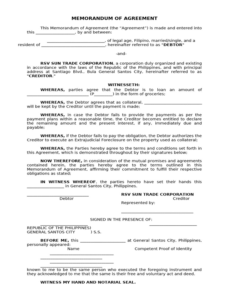 Memorandum of Agreement for Loan | PDF | Debtor | Common Law